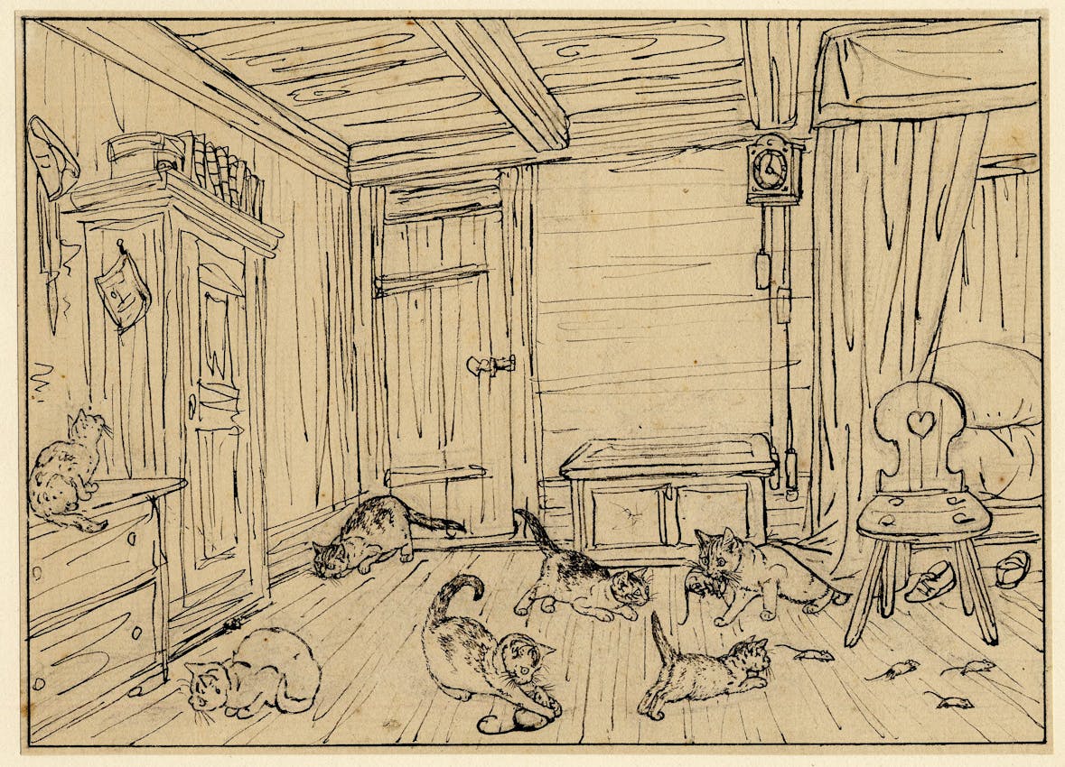 Several cats and kittens play across the wooden floor of a cozy room filled with furniture and household objects.