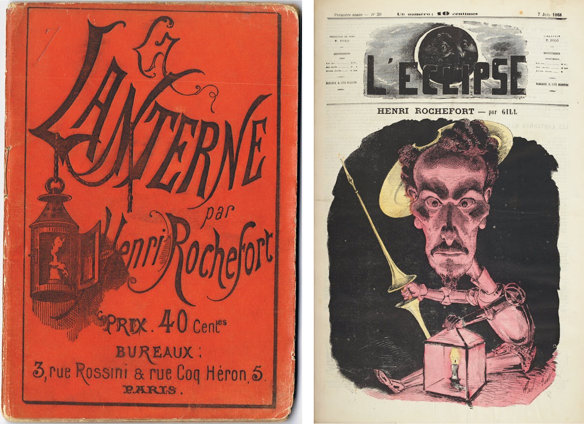 The covers of two periodicals, one shows a lantern hanging off the text of the title, ”lanterne”, the other, a caricature of a man wielding a lantern, perhaps in our space