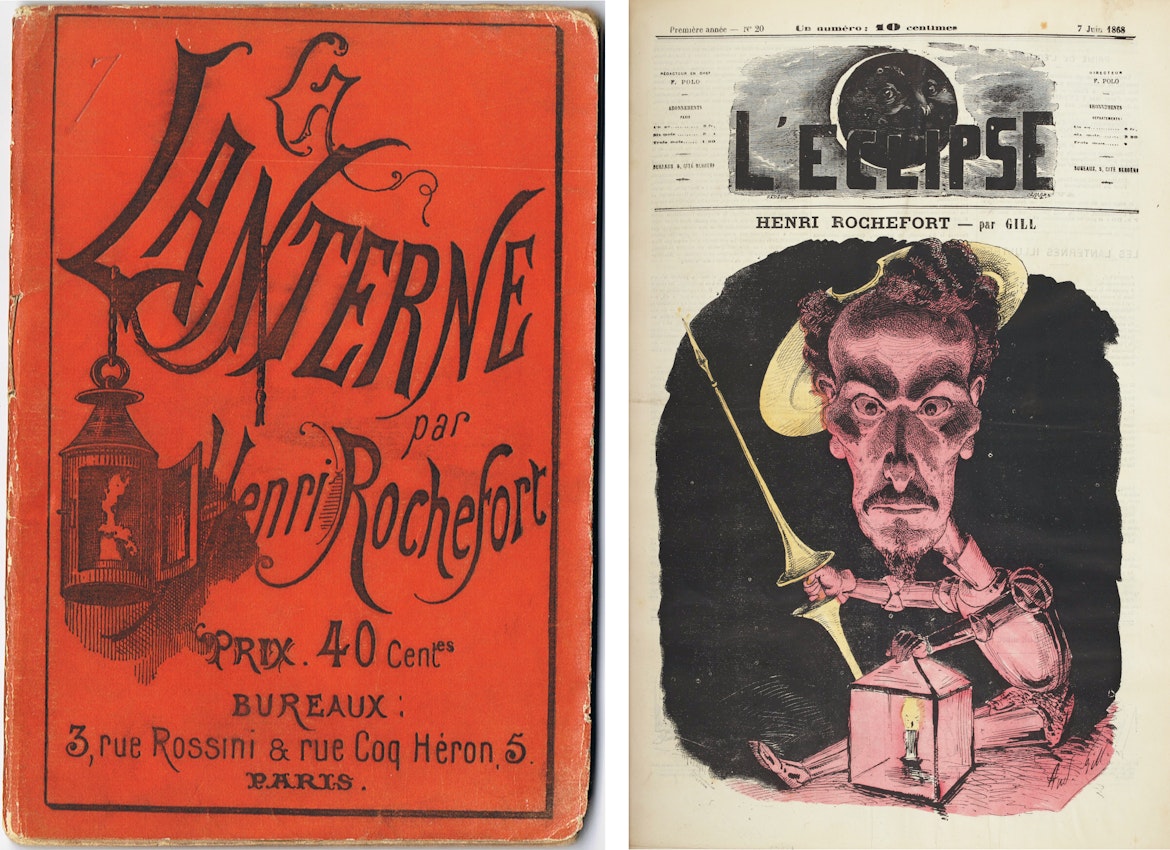 The covers of two periodicals, one shows a lantern hanging off the text of the title, ”lanterne”, the other, a caricature of a man wielding a lantern, perhaps in our space