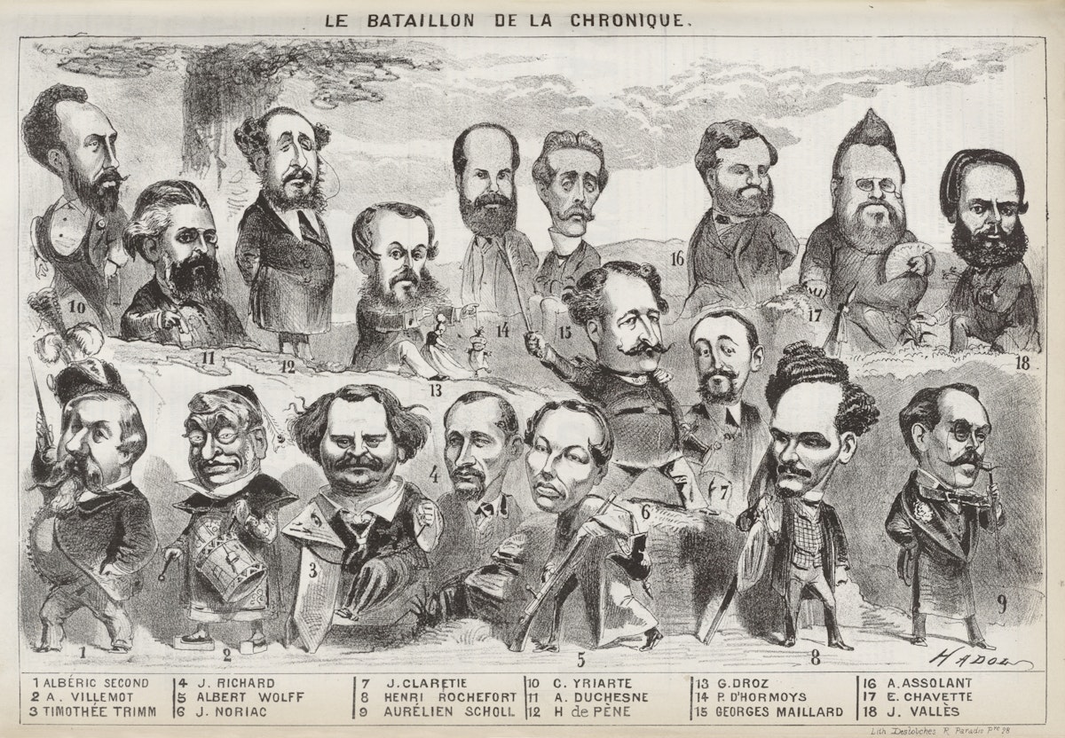 Newspaper illustration of various men with cartoon-like proportions