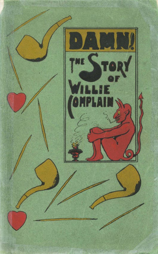Cover of 'The Story of Willie Complain' featuring a red devil character and decorative tobacco pipes on a green background.