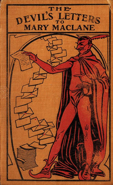 Cover of 'The Devil's Letters to Mary Maclane' showing a red devil figure arranging a stack of letters.