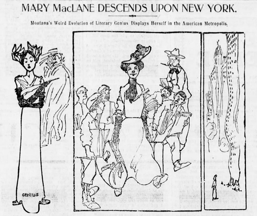 Newspaper headline "Mary MacLane Descends Upon New York" with cartoon illustrations showing a woman labeled "Genius" and crowds gathering around a fashionably dressed woman.
