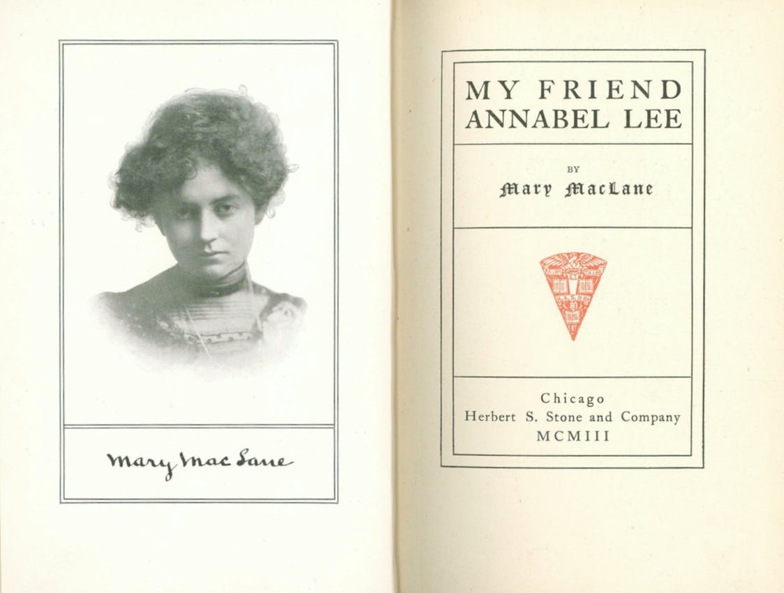 Open book showing a portrait of Mary MacLane with her signature on the left page and title page "My Friend Annabel Lee" by Mary MacLane on the right page.