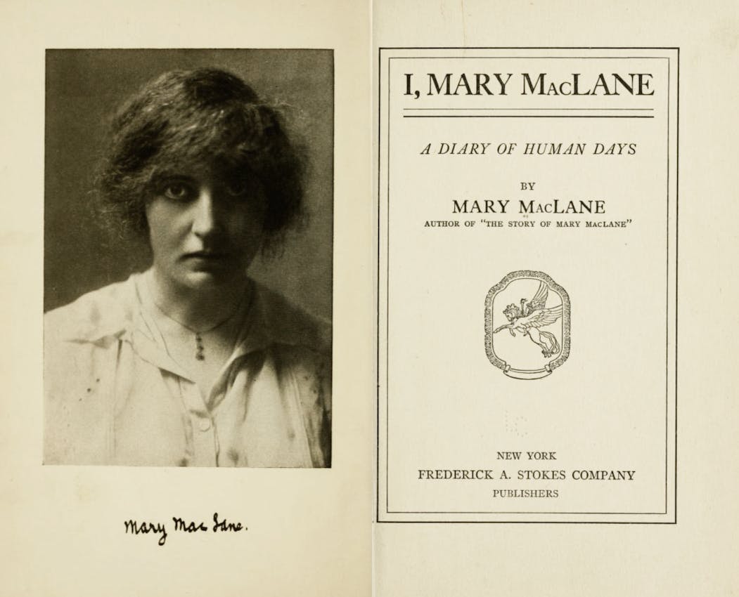 Book title page for 'I, Mary MacLane: A Diary of Human Days' with author portrait showing a woman with dark wavy hair wearing a white blouse.