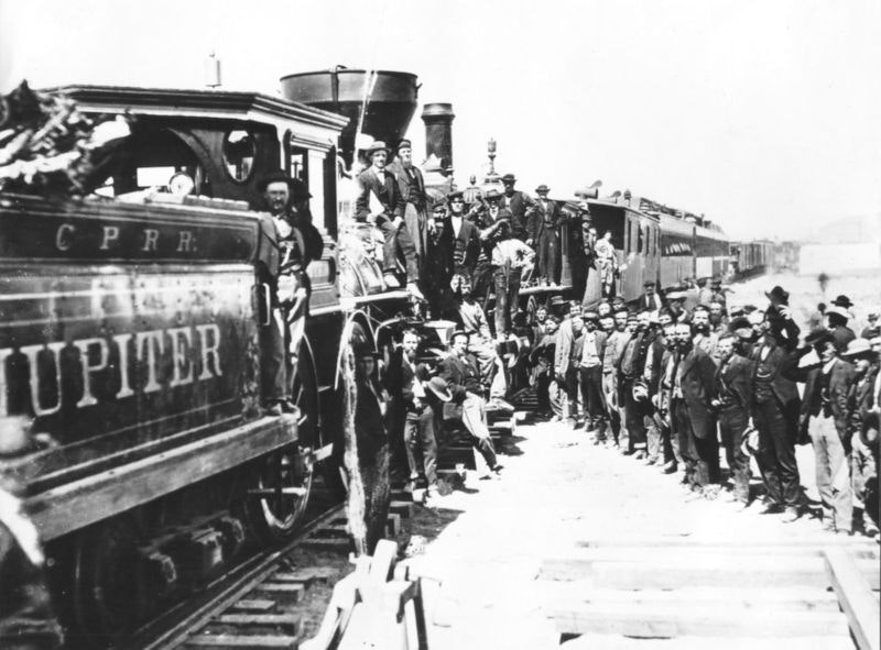 Celebration of completion of the First Transcontinental Railroad at what is now Golden Spike National Historic Site, Promontory Summit, Utah.