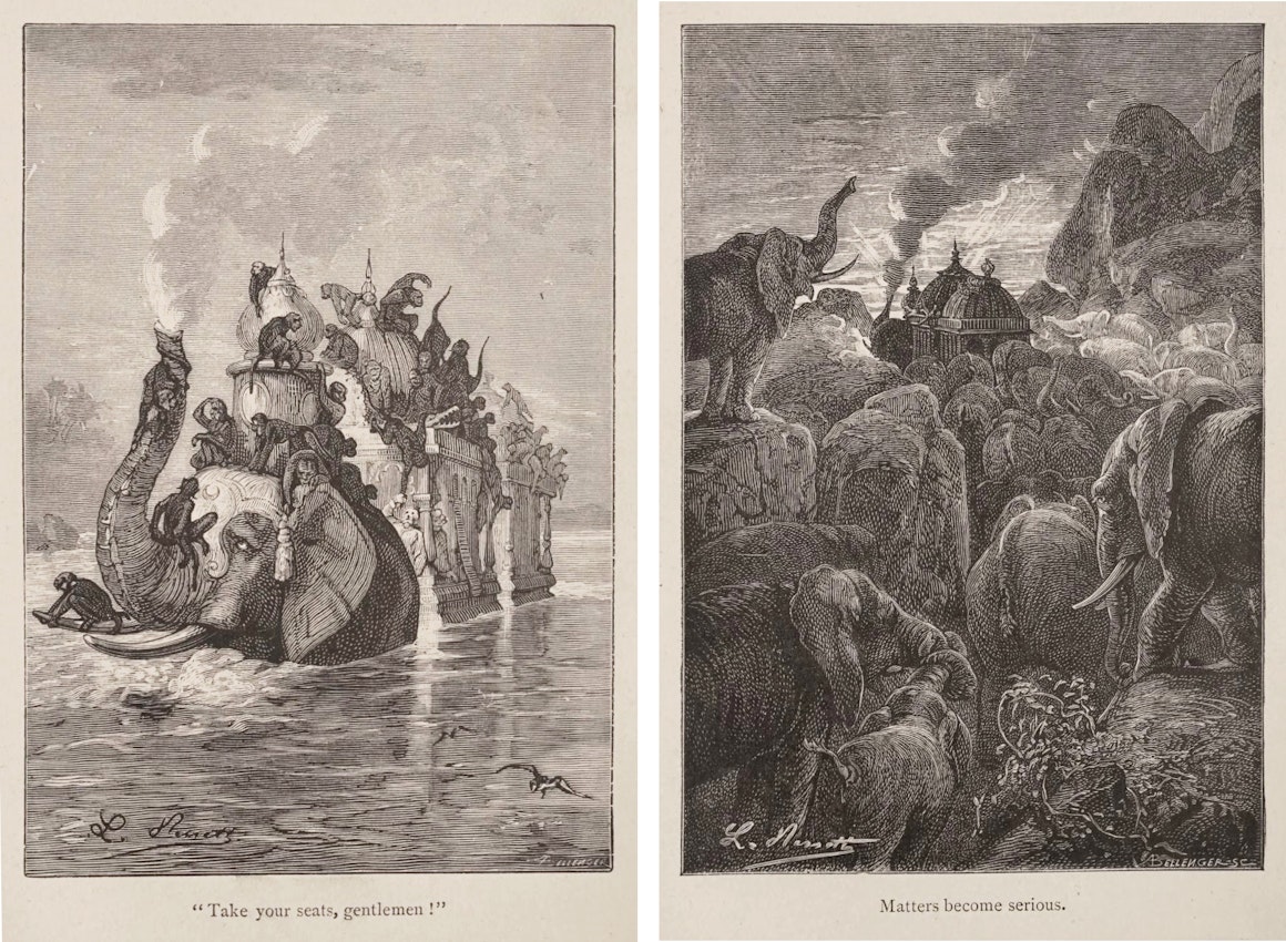 Two illustrations show the steam-powered elephant