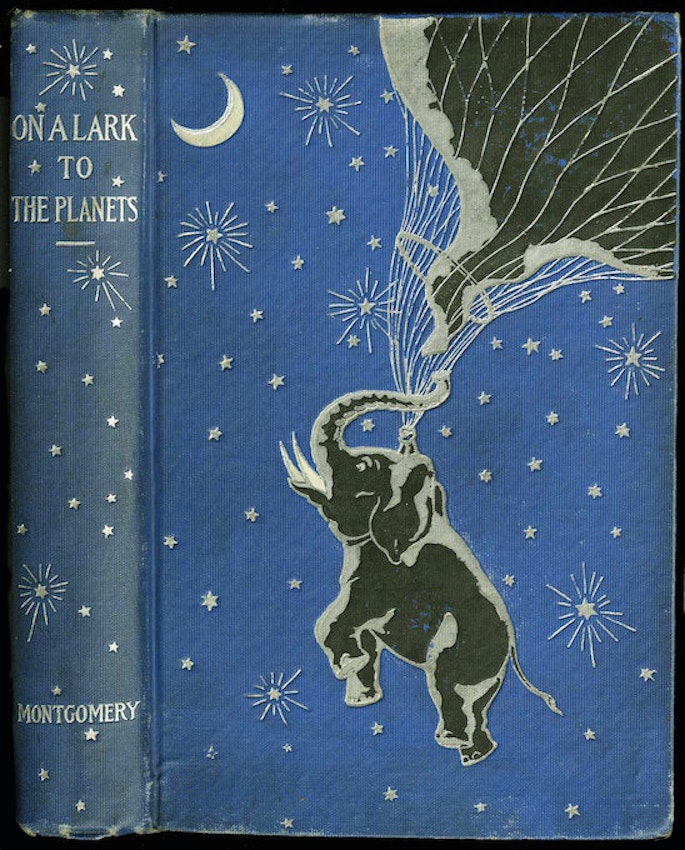 A blue cover with an illustration of an elephant held aloft by a balloon against a starry background