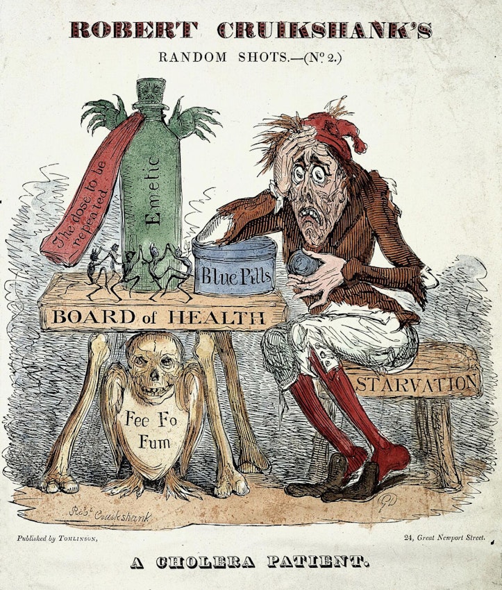 A man sits at a table labeled ‘Board of Health’ and covered with treatments with head in hands on stool labeled ‘Starvation’
