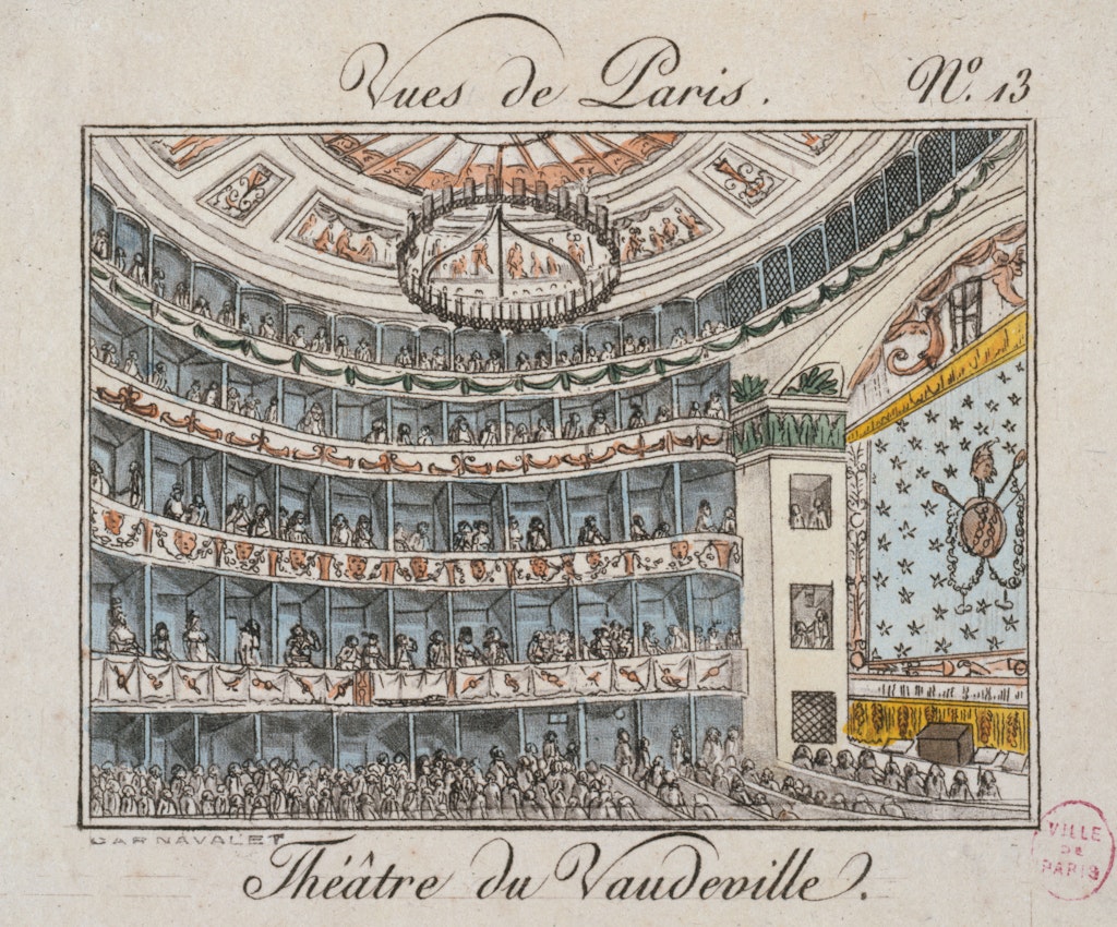 An illustration showing the theater’s decor and the arrangement of seating, balconies, and stage