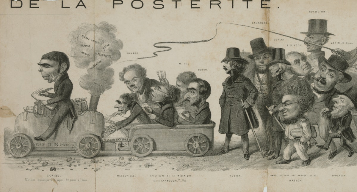 Scribe rides a locomotive heading towards the left of the image, trailing a group of men in a car with more following on foot