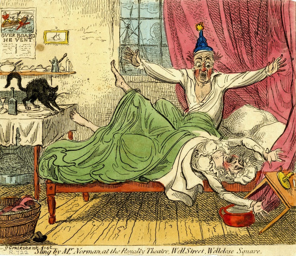 A woman and man in bed with shocked expressions