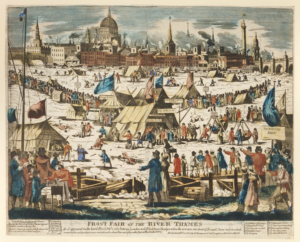 A frost fair with London in the background 