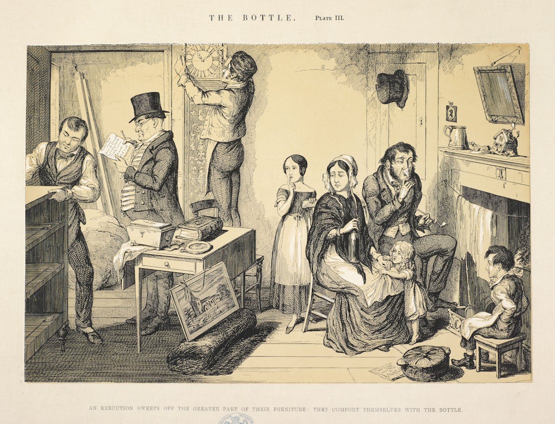 Family drinking gin while bailiffs take their furniture