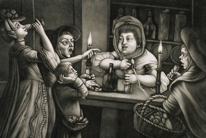 Monochromatic drawing depicting a humorous scene of exaggerated figures in a tavern drinking and talking loudly, all in caricature style