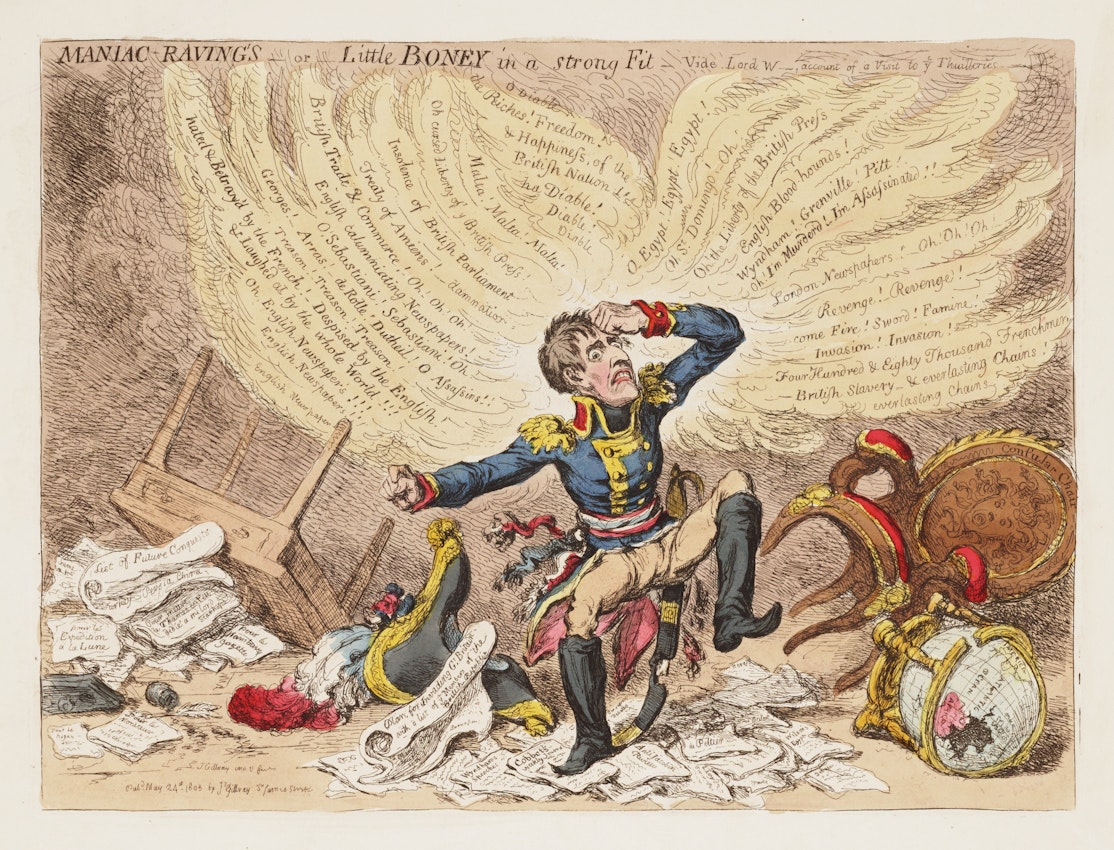 A historical military figure in a caricature is depicted in a frenzied state, stomping on papers, with a broken chair, a globe, and other objects scattered around. An expressive cloud of words emanates from the central figure, suggesting a chaotic or agitated state, with various texts and items on the ground contributing to the scene's disarray.