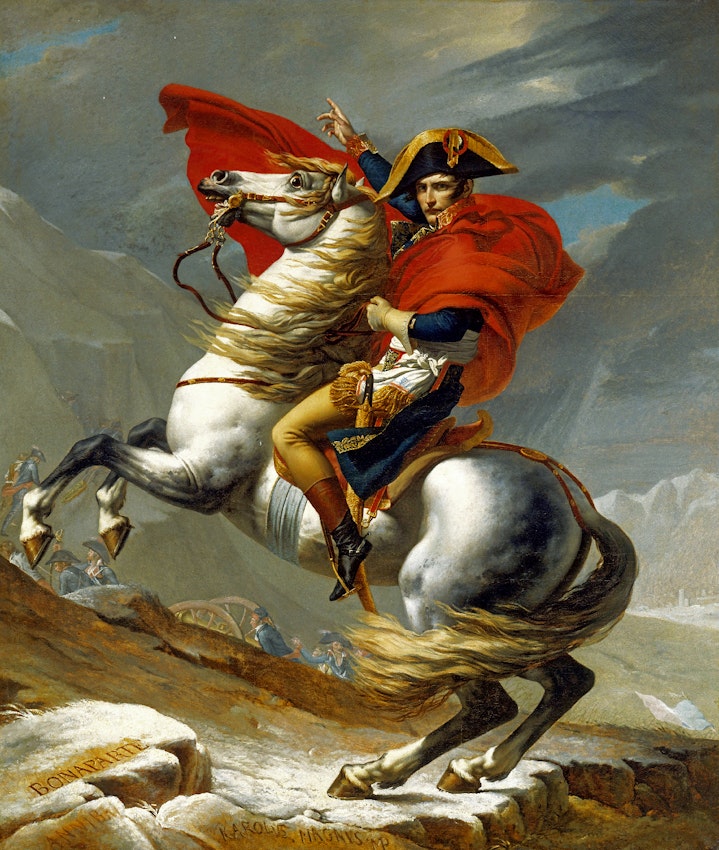 A dynamic portrayal of Napoleon in military attire mounted on a spirited horse that is rearing up on its hind legs. The rider, cloaked in a vivid red garment, appears poised and authoritative. Dramatic contrasts of light and dark enhance the scene set against a rugged mountain landscape, while figures in the distance observe the central event.