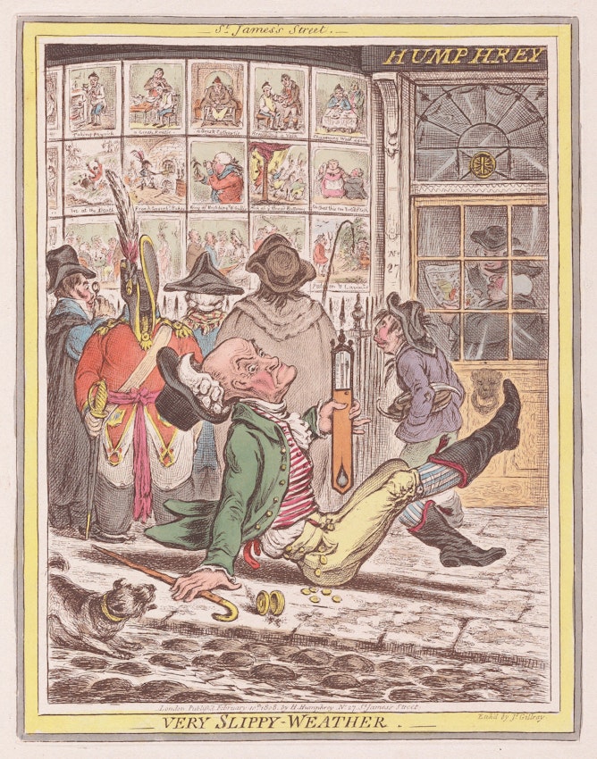 A person slipping and falling on a snowy pavement outside a shop with caricature illustrations in the window.
