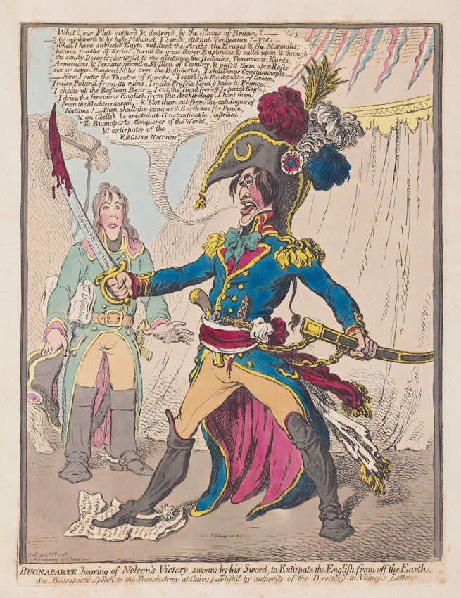 A vivid caricature showing an animated figure in historical military garb stepping on a paper, wielding a sword with a fierce expression, as another figure looks on in astonishment.