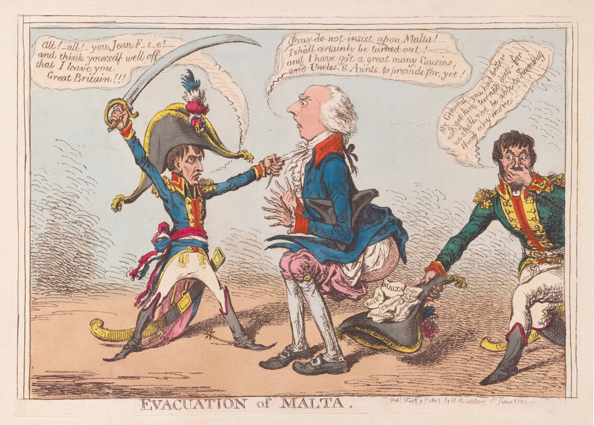 An intricate caricature portrays three characters in historical military and naval attire engaged in a tense dialogue over a document. The character on the left is gesticulating aggressively with a saber, while the central figure in a naval uniform appears to be pleading, and the third figure on the right observes with a discontented expression.