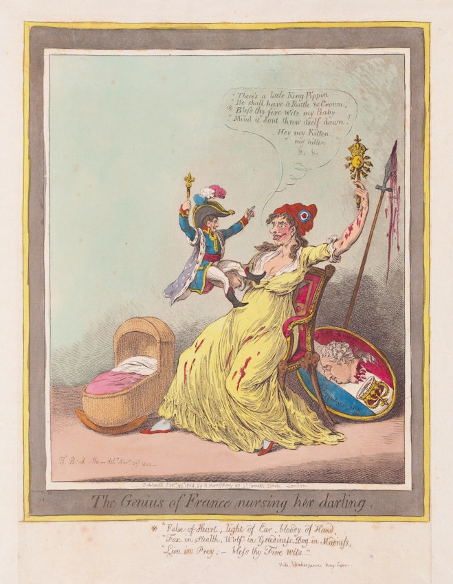 This caricature depicts an allegorical representation of a nation, personified as a maternal figure, doting on a diminutive figure in elaborate historical military uniform in a cradle. The scene suggests a nurturing relationship with hints of satire, emphasized by the exaggerated features and theatrical postures.