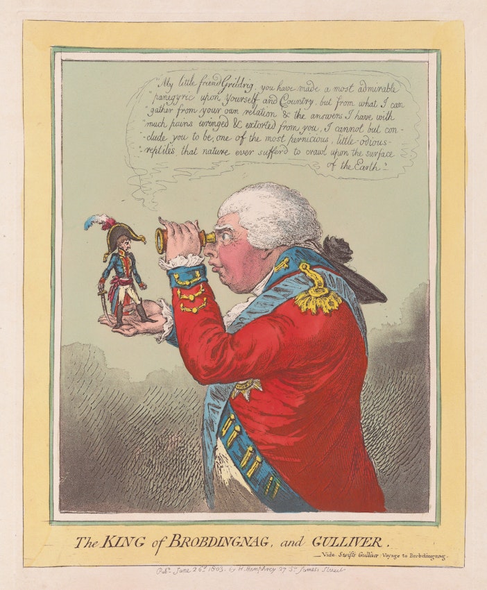 A caricature portraying a very large figure observing a small figure in historical attire through a handheld telescope.