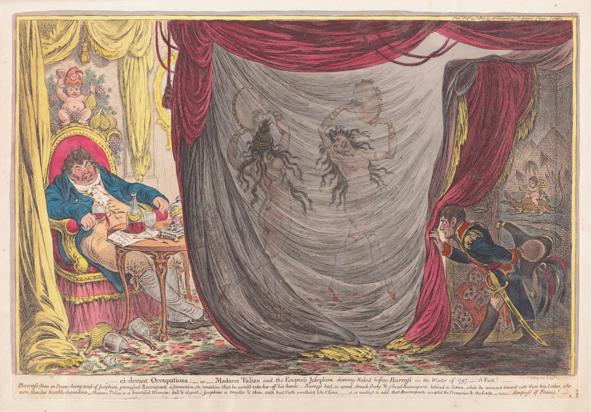 This detailed caricature depicts a scene with one figure lounging with a beverage and food, while two figures energetically dance in the center, and a third figure, in historical military attire, peeks from behind a curtain. The elaborate detail and exaggerated expressions suggest a satirical or humorous narrative.