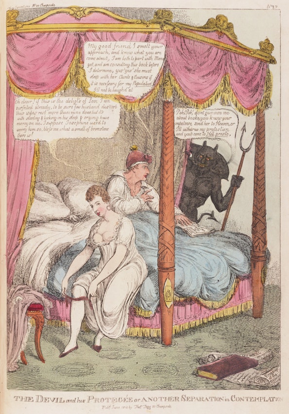 A caricature depicting a figure in bed conversing with a devilish character, with a book and papers on the floor."