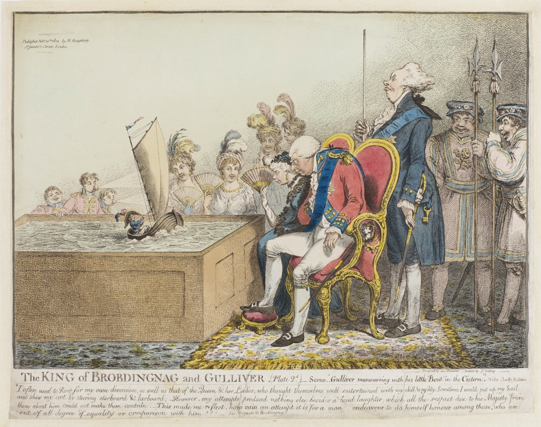 A satirical artwork depicting a scene with oversized royalty watching a tiny man in a boat.