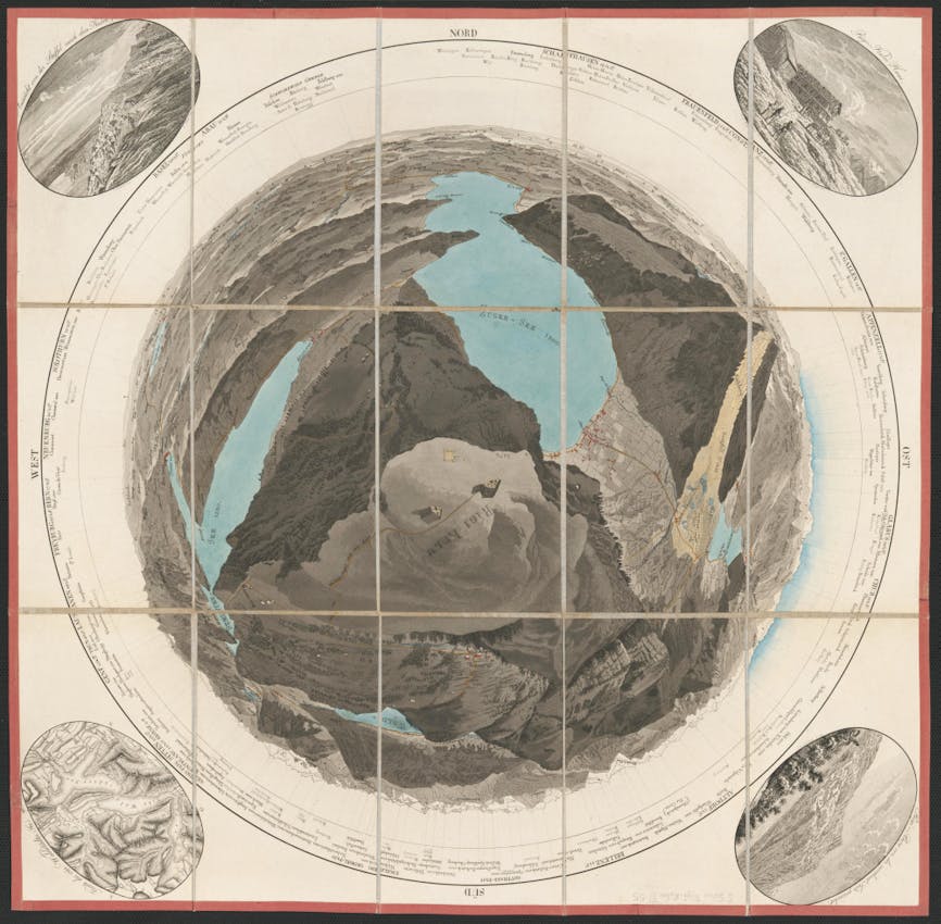 A circular composition that facilitates the representation of mountain elevations in a complete panorama