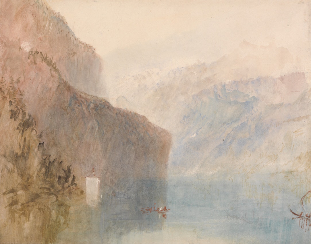 Landscape in muted colors with chapel, lake, and surrounding mountains