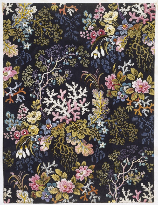 Seaweed and coral in pinks, greens, and blues on a dark blue background evocative of a floral pattern