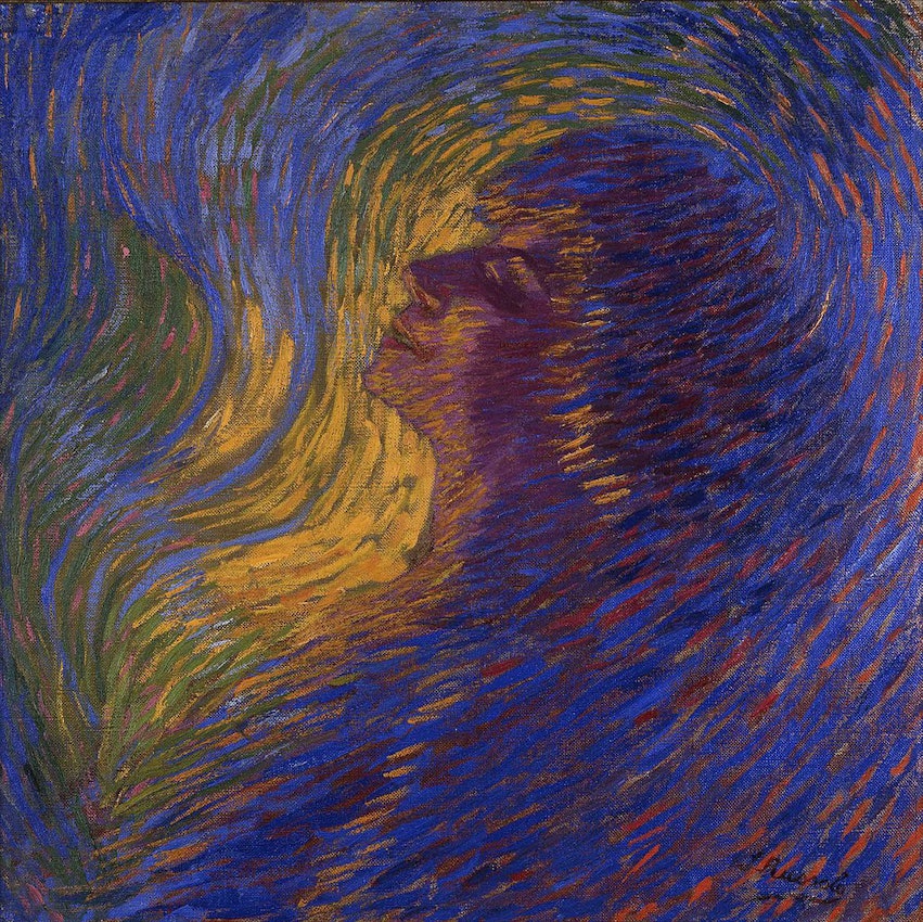 Profumo, a painting of a woman in profile in swirling yellows and blues
