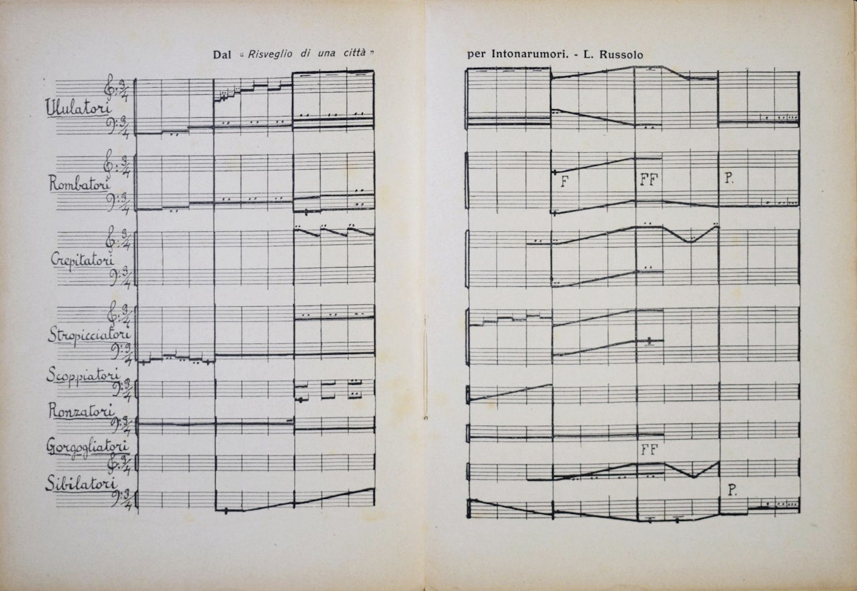 The score split on a two page spread with musical staffs for eight instruments