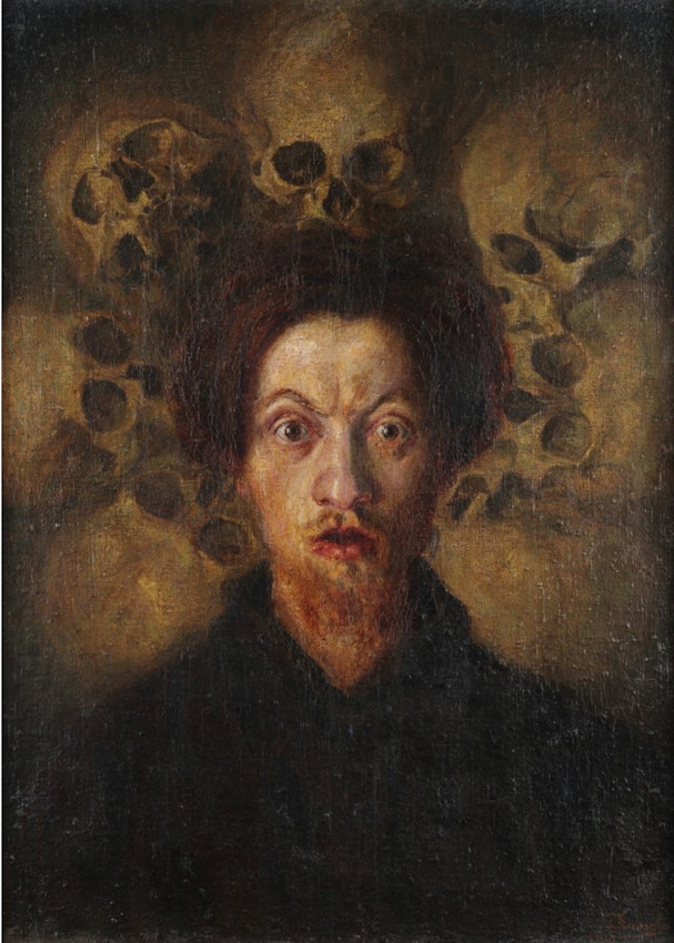 Self-portrait painting in which the subject is facing the viewer from the center of the canvas with skulls arrayed around his head