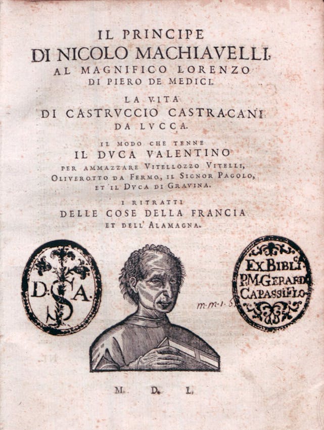 Title page of Il Principe by Machiavelli featuring Latin text, a central portrait bust of a man, and two circular emblems with decorative borders.