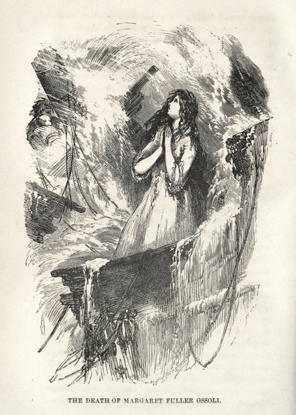 A black and white illustration depicts a woman in a long dress with flowing hair, hands clasped in prayer aboard a storm-tossed ship. Waves crash around the vessel as other figures can be seen in the shadowy background. A caption reads ‘The Death of Margaret Fuller Ossoli’.