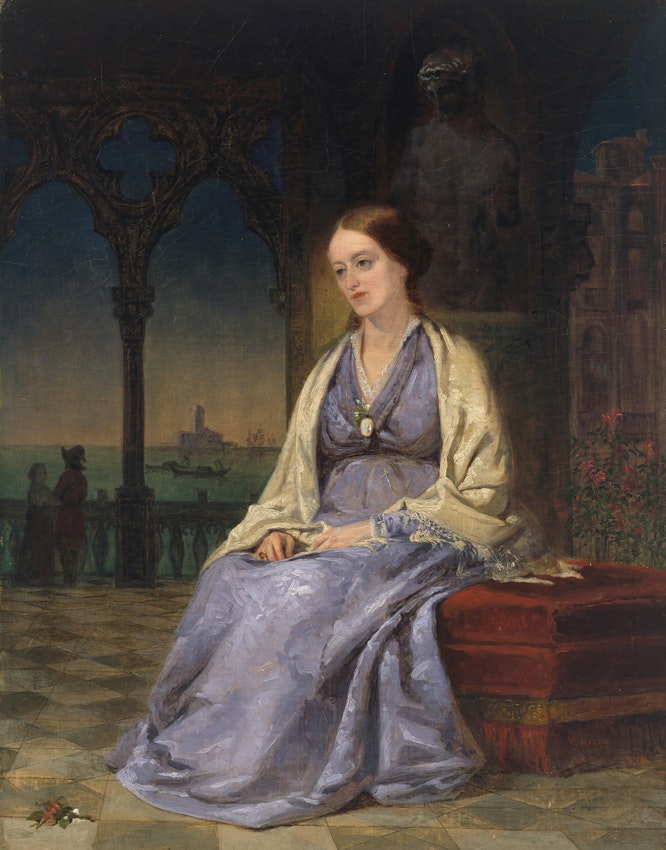 A woman wearing a lavender gown and cream-colored shawl sits on a red cushioned seat beneath Gothic arches. Through the archways, ships can be seen on a distant horizon, while a figure stands in silhouette near the balustrade.