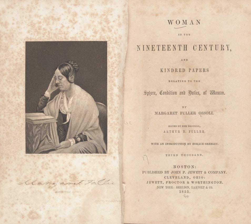 Title page for Woman in the Nineteenth Century paired with a portrait of Margaret Fuller in a shawl seated at a desk with her head resting on her hand.