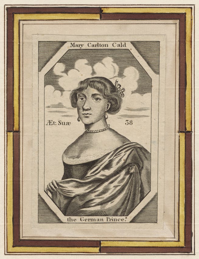 A framed portrait engraving of Mary Carlton Cald wearing a pearl necklace and draped clothing, with text identifying her as ‘the German Princess’