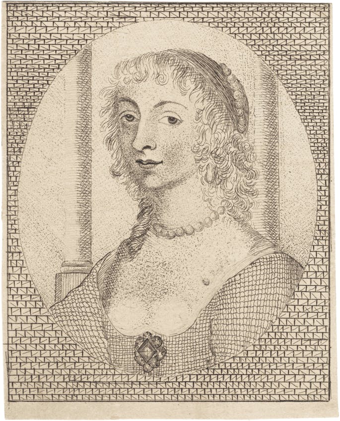 A portrait engraving of a woman with curly hair wearing a pearl necklace and ornate clothing with decorative geometric patterns.
