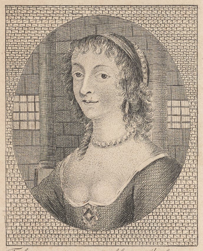 A portrait engraving of a woman with curly hair wearing a pearl necklace and draped clothing, set within an oval frame with geometric border patterns.