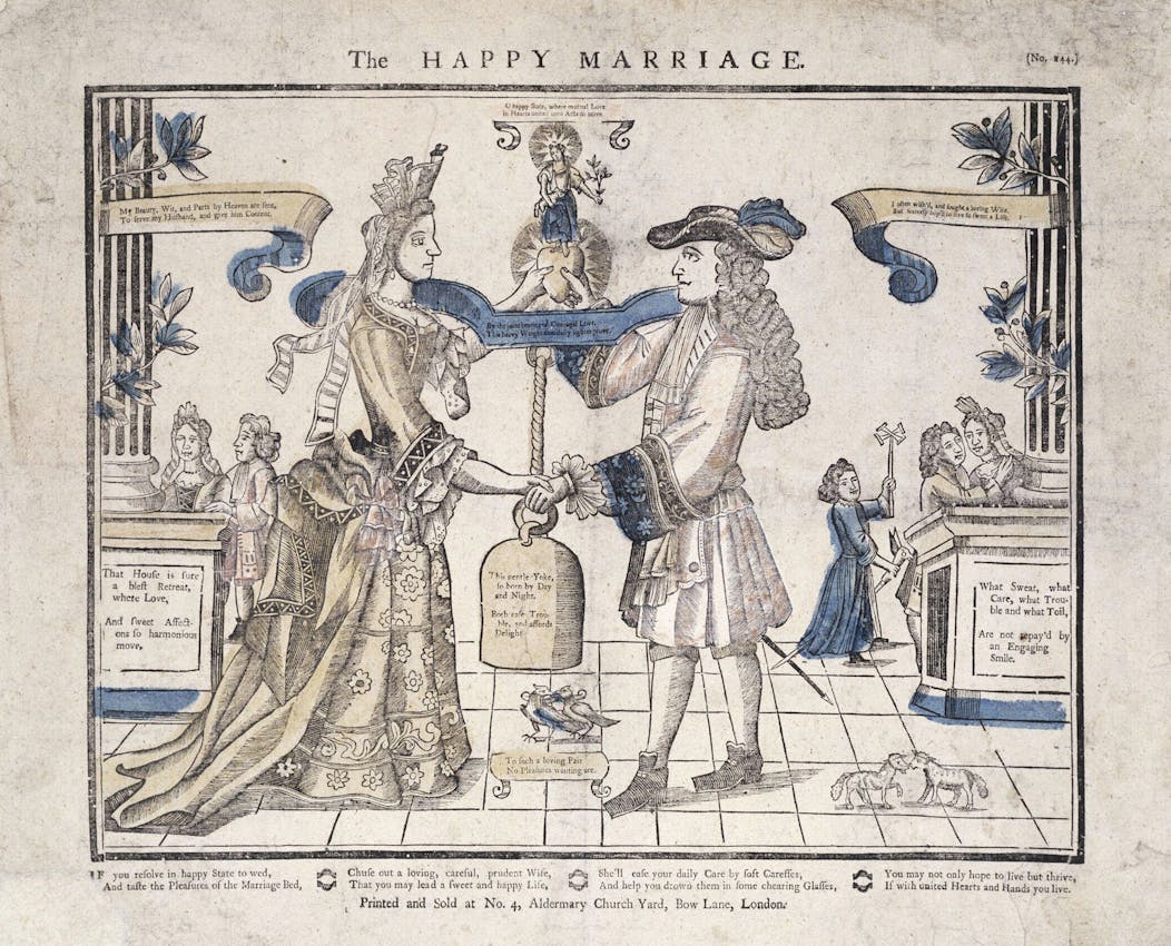 A satirical broadsheet print depicting a wedding scene with a bride and groom at the center joined by ribbons, surrounded by wedding guests and attendants in an architectural setting with columns. The composition includes decorative blue ribbons, floral elements, and various text banners with commentary. Additional human and animal figures appear in the background and foreground with the entire scene framed by classical columns and set on a checkered floor.