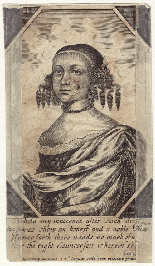 An engraved portrait of a figure with an elaborate hairstyle featuring ringlet curls, wearing a beaded necklace and draped garments, set within an octagonal frame.