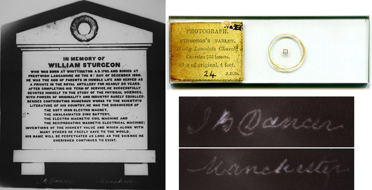 On the left is a photography of the memorial tablet for William Sturgeon listing his electrical inventions and on the right that photograph labeled for scale in a glass slide.