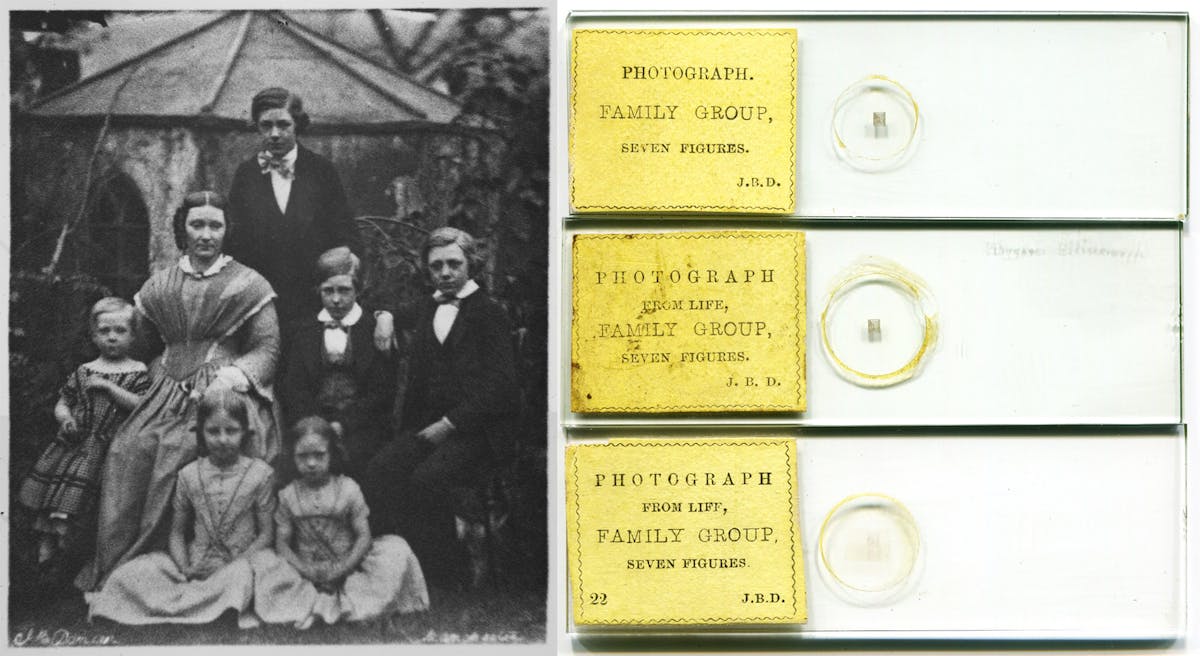 Family portrait photograph on left with three labeled glass slides showing scale on right.