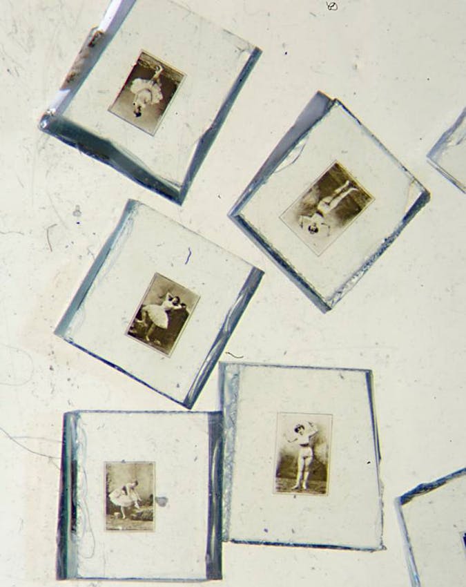 Six small white cardboard mounts with vintage photographs arranged on a light background, displaying early photographic portraits and figure studies.