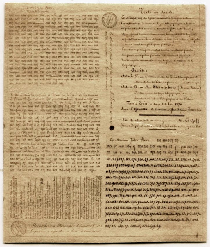 Historical document with handwritten text in French, featuring numerical codes, official stamps, and signatures from 1870, organized in multiple columns with various sections.