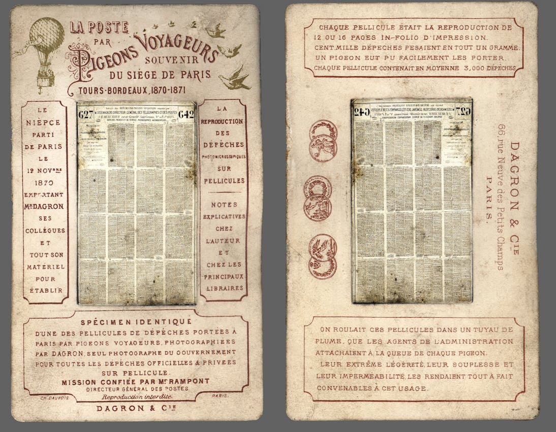French historical document showing carrier pigeon postal service during the Siege of Paris, Tours-Bordeaux 1870-1871, with microfilmed dispatches and explanatory text.