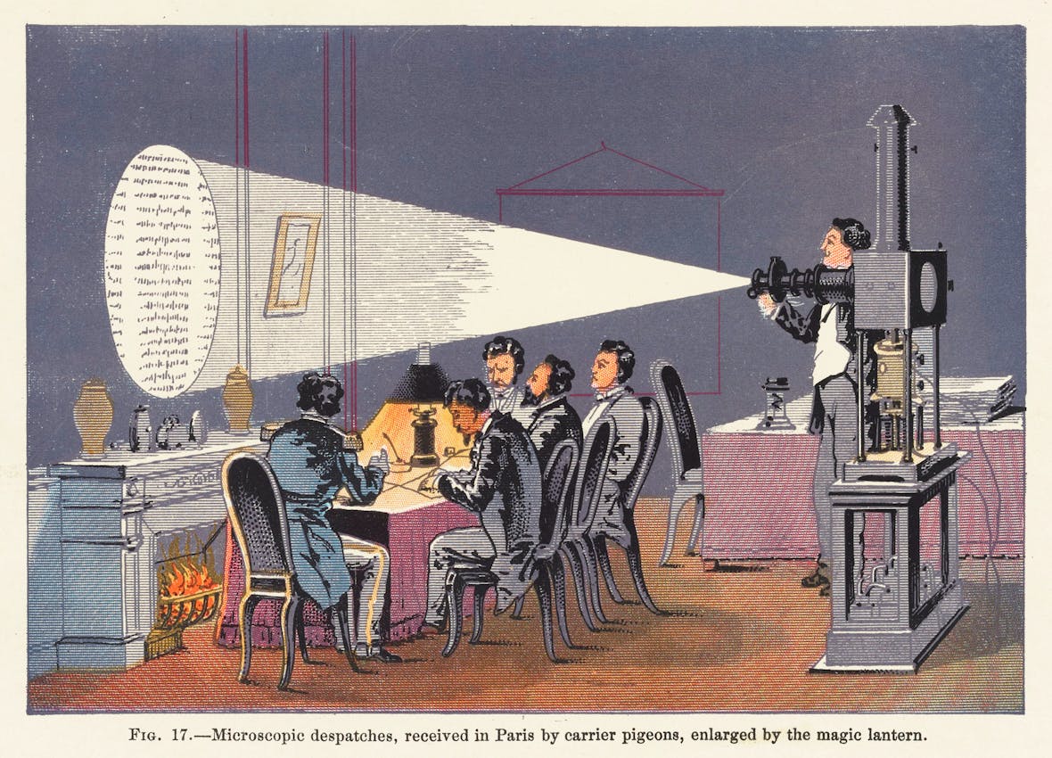 Illustration showing people viewing enlarged microscopic dispatches projected by magic lantern, with an operator displaying pigeon-carried messages received in Paris.